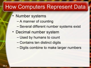 5A-3
How Computers Represent Data
• Number systems
– A manner of counting
– Several different number systems exist
• Decimal number system
– Used by humans to count
– Contains ten distinct digits
– Digits combine to make larger numbers
 