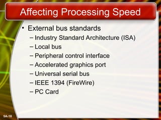 5A-18
Affecting Processing Speed
• External bus standards
– Industry Standard Architecture (ISA)
– Local bus
– Peripheral control interface
– Accelerated graphics port
– Universal serial bus
– IEEE 1394 (FireWire)
– PC Card
 