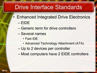 6B-14
Drive Interface Standards
• Enhanced Integrated Drive Electronics
– EIDE
– Generic term for drive controllers
– Several names
• Fast IDE
• Advanced Technology Attachment (ATA)
– Up to 2 devices per controller
– Most computers have 2 EIDE controllers
 