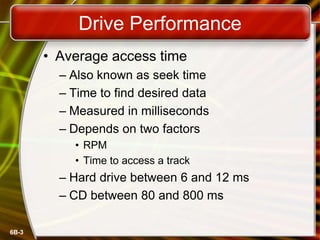 6B-3
Drive Performance
• Average access time
– Also known as seek time
– Time to find desired data
– Measured in milliseconds
– Depends on two factors
• RPM
• Time to access a track
– Hard drive between 6 and 12 ms
– CD between 80 and 800 ms
 