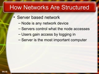 9A-16
How Networks Are Structured
• Server based network
– Node is any network device
– Servers control what the node accesses
– Users gain access by logging in
– Server is the most important computer
 