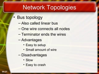 9A-21
Network Topologies
• Bus topology
– Also called linear bus
– One wire connects all nodes
– Terminator ends the wires
– Advantages
• Easy to setup
• Small amount of wire
– Disadvantages
• Slow
• Easy to crash
 