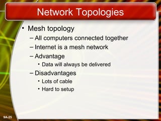 9A-25
Network Topologies
• Mesh topology
– All computers connected together
– Internet is a mesh network
– Advantage
• Data will always be delivered
– Disadvantages
• Lots of cable
• Hard to setup
 