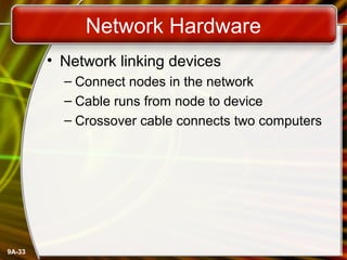 9A-33
Network Hardware
• Network linking devices
– Connect nodes in the network
– Cable runs from node to device
– Crossover cable connects two computers
 