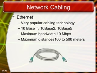 9A-40
Network Cabling
• Ethernet
– Very popular cabling technology
– 10 Base T, 10Base2, 10Base5
– Maximum bandwidth 10 Mbps
– Maximum distances100 to 500 meters
 