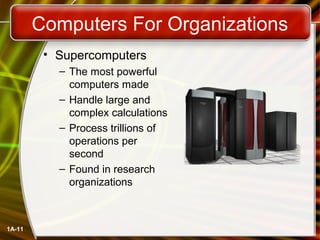 Computers For Organizations
         • Supercomputers
           – The most powerful
             computers made
           – Handle large and
             complex calculations
           – Process trillions of
             operations per
             second
           – Found in research
             organizations



1A-11
 