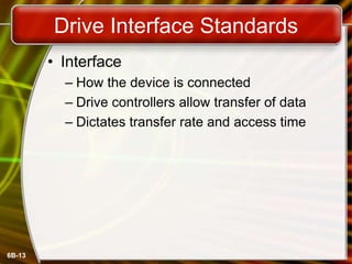 6B-13
Drive Interface Standards
• Interface
– How the device is connected
– Drive controllers allow transfer of data
– Dictates transfer rate and access time
 