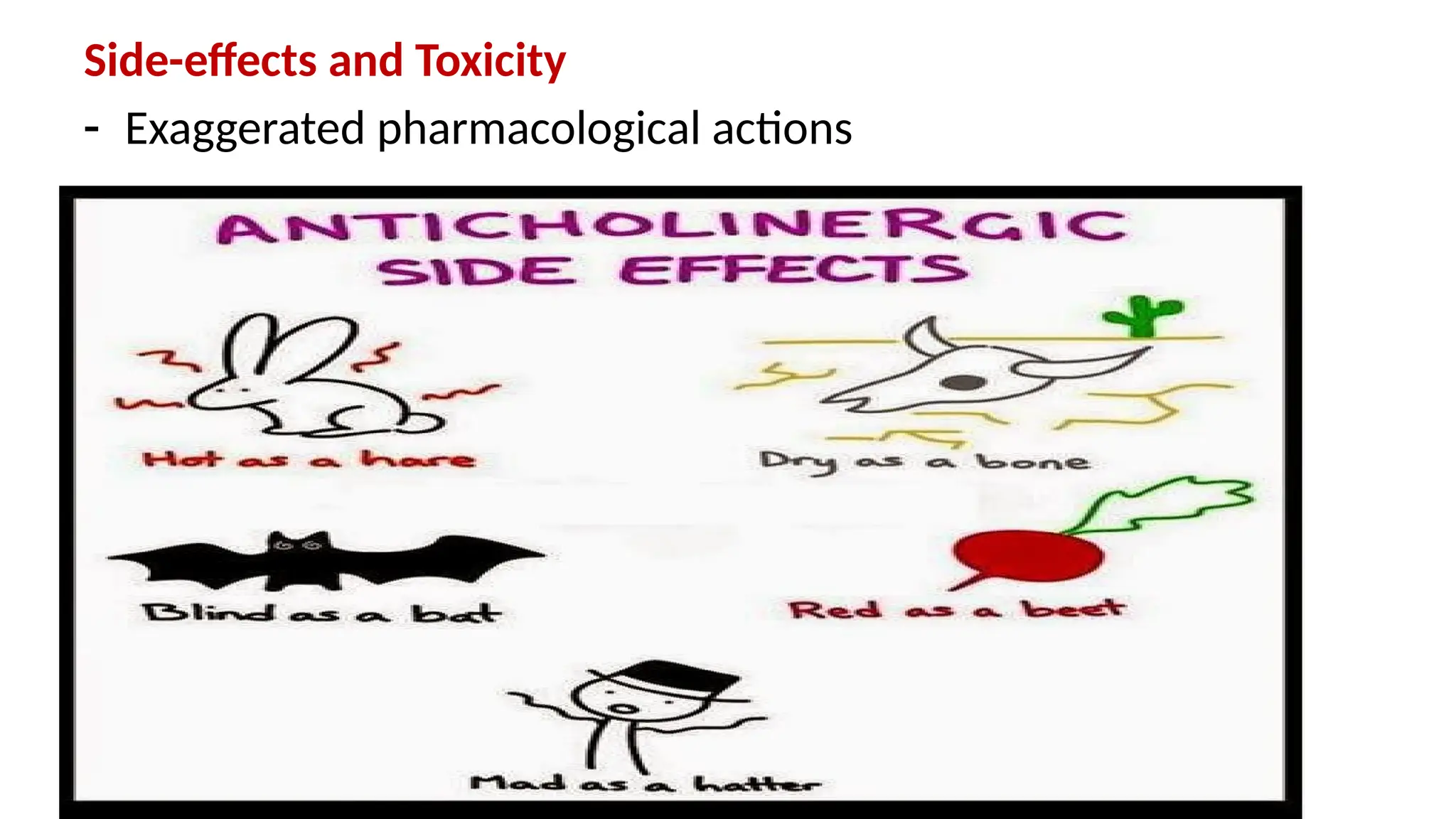 Side-effects and Toxicity
- Exaggerated pharmacological actions
 