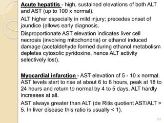 Acute hepatitis - high, sustained elevations of both ALT
and AST (up to 100 x normal).
ALT higher especially in mild injury; precedes onset of
jaundice (allows early diagnosis.
Disproportionate AST elevation indicates liver cell
necrosis (involving mitochondria) or ethanol induced
damage (acetaldehyde formed during ethanol metabolism
depletes cytosolic pyridoxine, hence ALT activity
selectively lost).
Myocardial infarction - AST elevation of 5 - 10 x normal.
AST levels start to rise at about 6 to 8 hours, peak at 18 to
24 hours and return to normal by 4 to 5 days. ALT hardly
increases at all.
AST always greater than ALT (de Ritis quotient AST/ALT >
5. In liver disease this ratio is usually < 1).
133
 