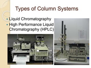 Types of Column Systems
 Liquid Chromatography
 High Performance Liquid
Chromatography (HPLC)
 