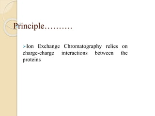 Principle……….
Ion Exchange Chromatography relies on
charge-charge interactions between the
proteins
 