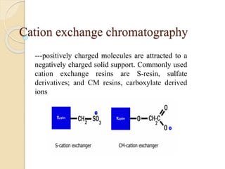 Cation exchange chromatography
---positively charged molecules are attracted to a
negatively charged solid support. Commonly used
cation exchange resins are S-resin, sulfate
derivatives; and CM resins, carboxylate derived
ions
 