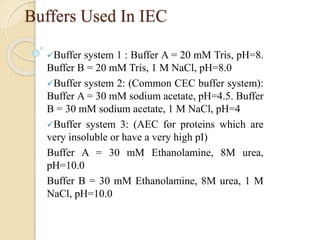 Buffers Used In IEC
Buffer system 1 : Buffer A = 20 mM Tris, pH=8.
Buffer B = 20 mM Tris, 1 M NaCl, pH=8.0
Buffer system 2: (Common CEC buffer system):
Buffer A = 30 mM sodium acetate, pH=4.5. Buffer
B = 30 mM sodium acetate, 1 M NaCl, pH=4
Buffer system 3: (AEC for proteins which are
very insoluble or have a very high pI)
Buffer A = 30 mM Ethanolamine, 8M urea,
pH=10.0
Buffer B = 30 mM Ethanolamine, 8M urea, 1 M
NaCl, pH=10.0
 