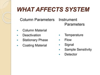 WHAT AFFECTS SYSTEM
Column Parameters
 Column Material
 Deactivation
 Stationary Phase
 Coating Material
Instrument
Parameters
 Temperature
 Flow
 Signal
 Sample Sensitivity
 Detector
 