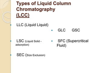 Types of Liquid Column
Chromatography
(LCC)
 LLC (Liquid Liquid)
 LSC (Liquid Solid -
adsorption)
 SEC (Size Exclusion)
 GLC GSC
 SFC (Supercritical
Fluid)
 