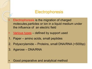 Electrophoresis
• Electrophoresis is the migration of charged
molecules,particles or ion in a liquid medium under
the influence of an electric field
• Various types – defined by support used
1. Paper – amino acids, small peptides
2. Polyacrylamide – Proteins, small DNA/RNA (<500bp)
3. Agarose – DNA/RNA
• Good preparative and analytical method
 