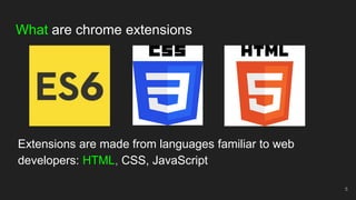 What are chrome extensions
Extensions are made from languages familiar to web
developers: HTML, CSS, JavaScript
5
 