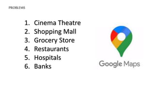 PROBLEMS
1. Cinema Theatre
2. Shopping Mall
3. Grocery Store
4. Restaurants
5. Hospitals
6. Banks
 