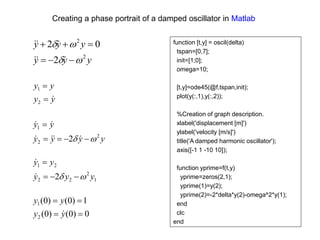 Creating a phase portrait of a damped oscillator in Matlab
function [t,y] = oscil(delta)
tspan=[0,7];
init=[1;0];
omega=10;
[t,y]=ode45(@f,tspan,init);
plot(y(:,1),y(:,2));
%Creation of graph description.
xlabel('displacement [m]')
ylabel('velocity [m/s]')
title('A damped harmonic oscillator');
axis([-1 1 -10 10]);
function yprime=f(t,y)
yprime=zeros(2,1);
yprime(1)=y(2);
yprime(2)=-2*delta*y(2)-omega^2*y(1);
end
clc
end
y
y
y
y
y
y
2
2
2
0
2
















y
y
y
y



2
1
y
y
y
y
y
y
2
2
1
2 
 










0
)
0
(
)
0
(
1
)
0
(
)
0
(
2
1




y
y
y
y

1
2
2
2
2
1
2 y
y
y
y
y

 





 