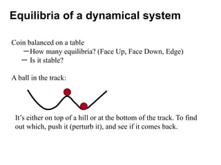 Equilibria of a dynamical system
Coin balanced on a table
－How many equilibria? (Face Up, Face Down, Edge)
－ Is it stable?
A ball in the track:
It’s either on top of a hill or at the bottom of the track. To find
out which, push it (perturb it), and see if it comes back.
 