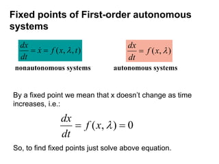 Fixed points of First-order autonomous
systems
0
)
,
( 
 
x
f
dt
dx
)
,
,
( t
x
f
x
dt
dx


 
By a fixed point we mean that x doesn’t change as time
increases, i.e.:
So, to find fixed points just solve above equation.
)
,
( 
x
f
dt
dx

autonomous systems
nonautonomous systems
 