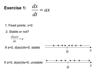 Exercise 1:
a
dx
ax
d

)
(
1. Fixed points: x=0
2. Stable or not?
If a<0, d(ax)/dx<0. stable
ax
dt
dx

If a>0, d(ax)/dx>0. unstable
 