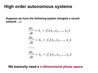 High order autonomous systems
)
...,
,
,
(
......
)
...,
,
,
(
)
...,
,
,
(
2
1
2
1
2
2
2
2
1
1
1
1
n
n
n
n
n
n
x
x
x
f
x
dt
dx
x
x
x
f
x
dt
dx
x
x
x
f
x
dt
dx









Suppose we have the following system (imagine a neural
network …):
We basically need a n-dimensional phase space.
 
