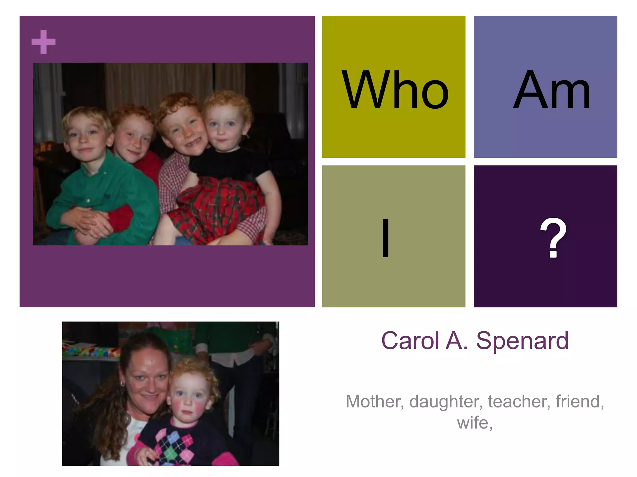 +
Who Am
I
Carol A. Spenard
Mother, daughter, teacher, friend,
wife,