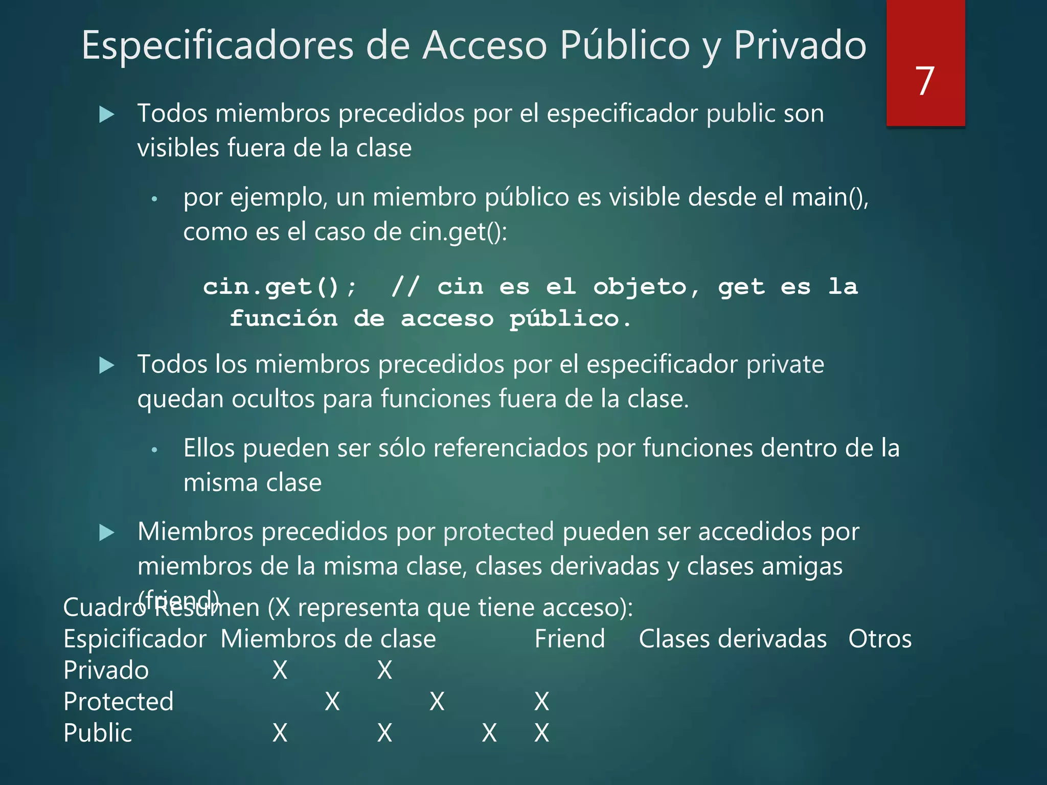 Especificadores de Acceso Público y Privado
 Todos miembros precedidos por el especificador public son
visibles fuera de la clase
• por ejemplo, un miembro público es visible desde el main(),
como es el caso de cin.get():
cin.get(); // cin es el objeto, get es la
función de acceso público.
 Todos los miembros precedidos por el especificador private
quedan ocultos para funciones fuera de la clase.
• Ellos pueden ser sólo referenciados por funciones dentro de la
misma clase
 Miembros precedidos por protected pueden ser accedidos por
miembros de la misma clase, clases derivadas y clases amigas
(friend)
7
Cuadro Resumen (X representa que tiene acceso):
Espicificador Miembros de clase Friend Clases derivadas Otros
Privado X X
Protected X X X
Public X X X X
 