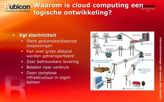 Waarom is cloud computing een logische ontwikkeling?Vgl electriciteitSterk gestandaardiseerde toepassingenKan over grote afstand worden getransporteerdZeer betrouwbare leveringBetalen naar verbruikGeen complexe infrastructuur in eigen beheer