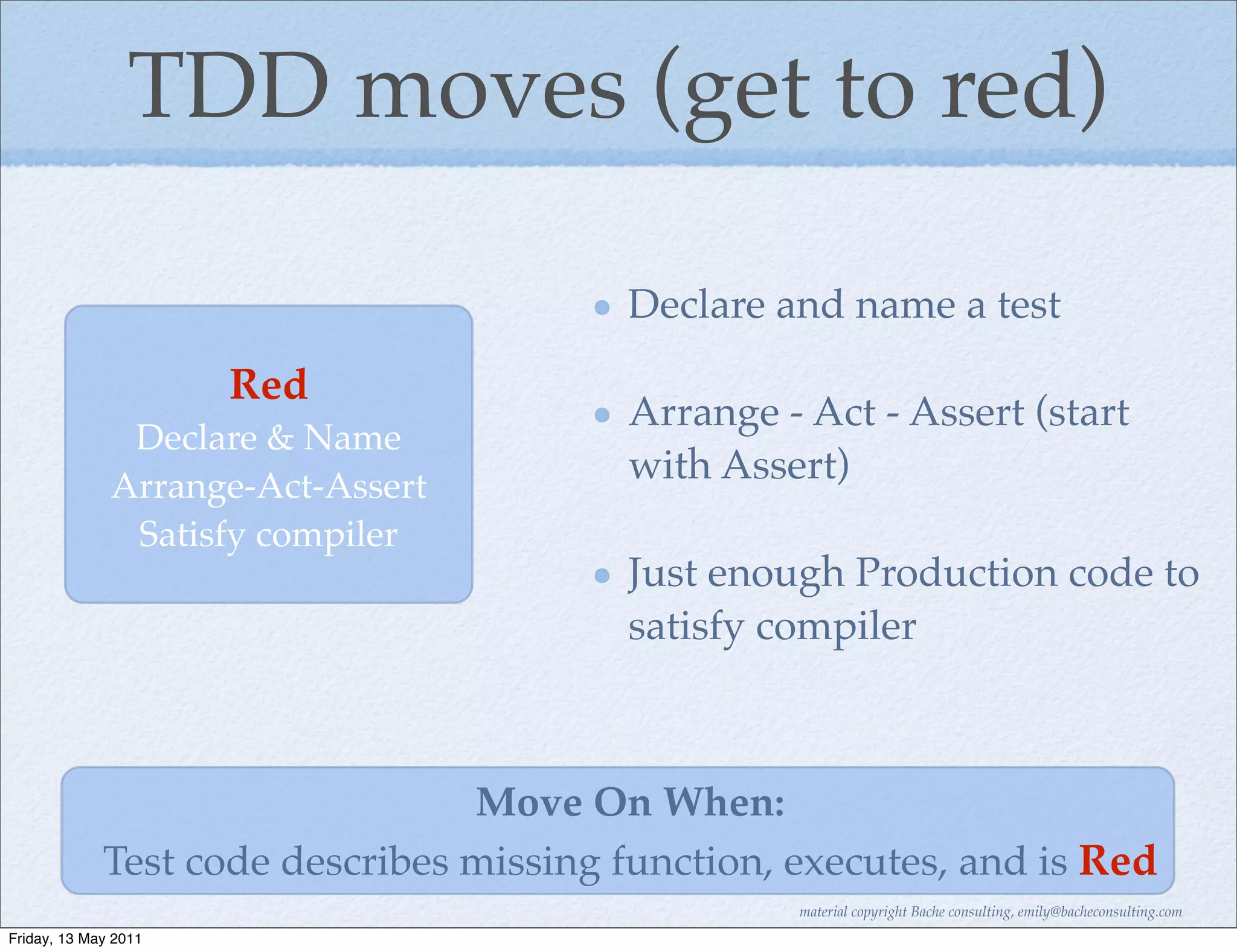 TDD moves (get to red)

                                         Declare and name a test
                      Red
                                         Arrange - Act - Assert (start
               Declare & Name
              Arrange-Act-Assert
                                         with Assert)
               Satisfy compiler
                                         Just enough Production code to
                                         satisfy compiler



                                 Move On When:
             Test code describes missing function, executes, and is Red
                                                   material copyright Bache consulting, emily@bacheconsulting.com
Friday, 13 May 2011
 