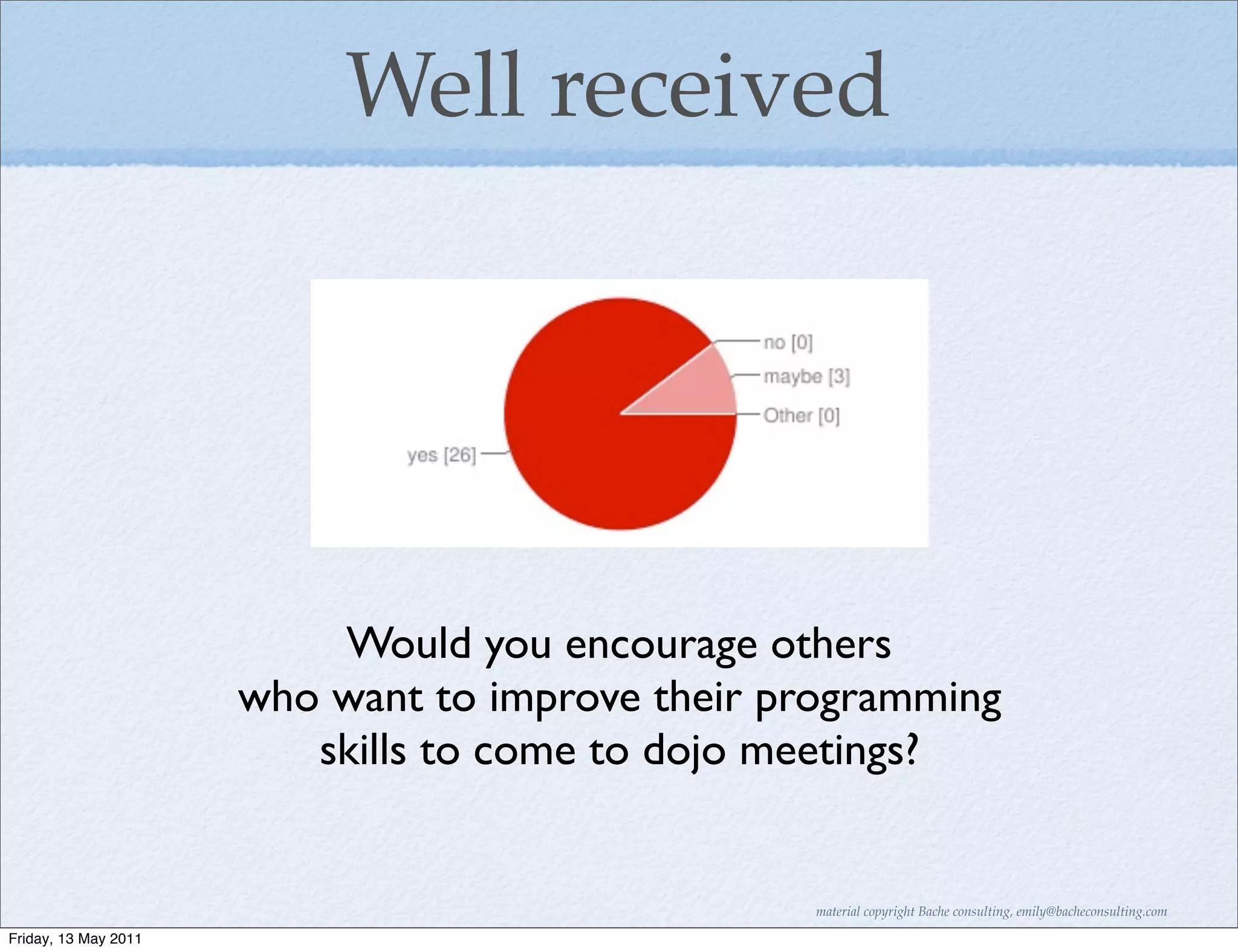 Well received




                          Would you encourage others
                      who want to improve their programming
                         skills to come to dojo meetings?


                                                  material copyright Bache consulting, emily@bacheconsulting.com

Friday, 13 May 2011
 