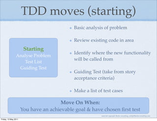 TDD moves (starting)
                                            Basic analysis of problem

                                            Review existing code in area
                       Starting
                                            Identify where the new functionality
                Analyse Problem
                                            will be called from
                   Test List
                 Guiding Test
                                            Guiding Test (take from story
                                            acceptance criteria)

                                            Make a list of test cases

                                       Move On When:
                      You have an achievable goal & have chosen ﬁrst test
                                                          material copyright Bache consulting, emily@bacheconsulting.com
Friday, 13 May 2011
 