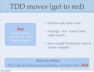 TDD moves (get to red)

                                         Declare and name a test
                      Red
                                         Arrange - Act - Assert (start
               Declare & Name
              Arrange-Act-Assert
                                         with Assert)
               Satisfy compiler
                                         Just enough Production code to
                                         satisfy compiler



                                 Move On When:
             Test code describes missing function, executes, and is Red
                                                   material copyright Bache consulting, emily@bacheconsulting.com
Friday, 13 May 2011
 