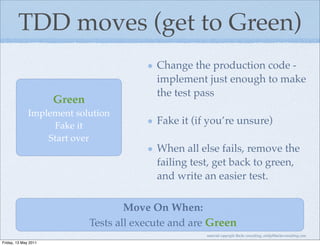 TDD moves (get to Green)
                                            Change the production code -
                                            implement just enough to make
                                            the test pass
                      Green
              Implement solution
                   Fake it                  Fake it (if you’re unsure)
                  Start over
                                            When all else fails, remove the
                                            failing test, get back to green,
                                            and write an easier test.

                                      Move On When:
                              Tests all execute and are Green
                                                       material copyright Bache consulting, emily@bacheconsulting.com
Friday, 13 May 2011
 