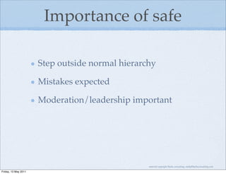 Importance of safe

                      Step outside normal hierarchy

                      Mistakes expected

                      Moderation/leadership important




                                                 material copyright Bache consulting, emily@bacheconsulting.com

Friday, 13 May 2011
 