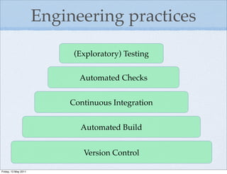Engineering practices

                           (Exploratory) Testing


                            Automated Checks


                          Continuous Integration


                            Automated Build


                             Version Control

Friday, 13 May 2011
 