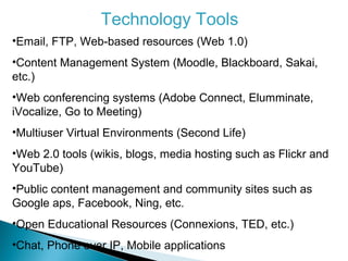 Technology Tools
•Email, FTP, Web-based resources (Web 1.0)
•Content Management System (Moodle, Blackboard, Sakai,
etc.)
•Web conferencing systems (Adobe Connect, Elumminate,
iVocalize, Go to Meeting)
•Multiuser Virtual Environments (Second Life)
•Web 2.0 tools (wikis, blogs, media hosting such as Flickr and
YouTube)
•Public content management and community sites such as
Google aps, Facebook, Ning, etc.
•Open Educational Resources (Connexions, TED, etc.)
•Chat, Phone over IP, Mobile applications
 