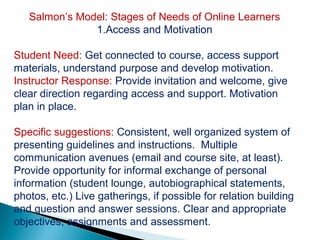Salmon’s Model: Stages of Needs of Online Learners
               1.Access and Motivation

Student Need: Get connected to course, access support
materials, understand purpose and develop motivation.
Instructor Response: Provide invitation and welcome, give
clear direction regarding access and support. Motivation
plan in place.

Specific suggestions: Consistent, well organized system of
presenting guidelines and instructions. Multiple
communication avenues (email and course site, at least).
Provide opportunity for informal exchange of personal
information (student lounge, autobiographical statements,
photos, etc.) Live gatherings, if possible for relation building
and question and answer sessions. Clear and appropriate
objectives, assignments and assessment.
 