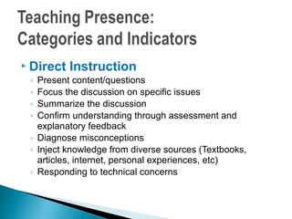  Direct   Instruction
 ◦ Present content/questions
 ◦ Focus the discussion on specific issues
 ◦ Summarize the discussion
 ◦ Confirm understanding through assessment and
   explanatory feedback
 ◦ Diagnose misconceptions
 ◦ Inject knowledge from diverse sources (Textbooks,
   articles, internet, personal experiences, etc)
 ◦ Responding to technical concerns
 