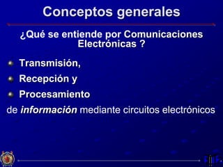 Conceptos generales
¿Qué se entiende por Comunicaciones
Electrónicas ?
Transmisión,
Recepción y
Procesamiento
de información mediante circuitos electrónicos
 