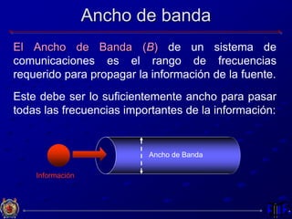 Ancho de banda
El Ancho de Banda (B) de un sistema de
comunicaciones es el rango de frecuencias
requerido para propagar la información de la fuente.
Este debe ser lo suficientemente ancho para pasar
todas las frecuencias importantes de la información:
Información
Ancho de Banda
 