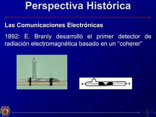 Perspectiva Histórica
Las Comunicaciones Electrónicas
1892: E. Branly desarrolló el primer detector de
radiación electromagnética basado en un “coherer”
 