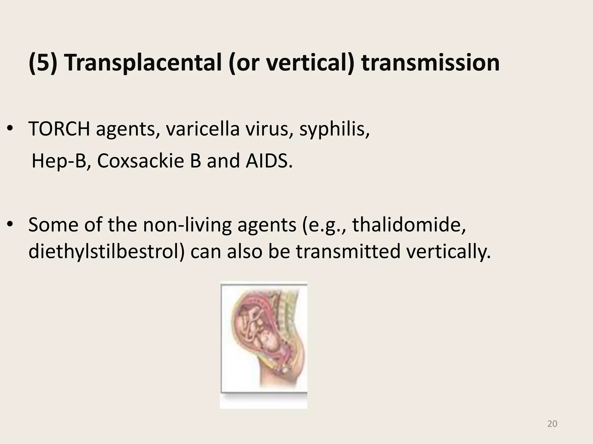 (5) Transplacental (or vertical) transmission
• TORCH agents, varicella virus, syphilis,
Hep-B, Coxsackie B and AIDS.
• Some of the non-living agents (e.g., thalidomide,
diethylstilbestrol) can also be transmitted vertically.
20
 