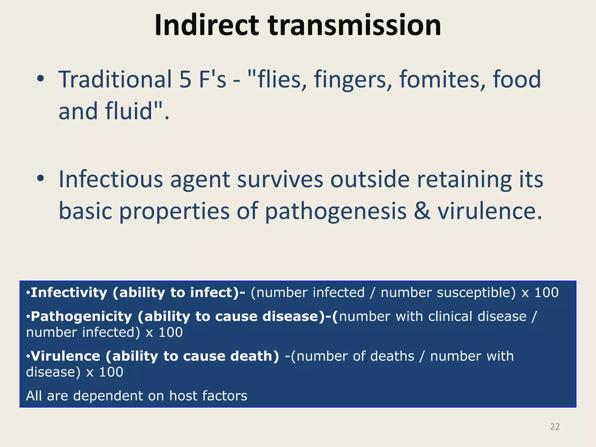 Indirect transmission
• Traditional 5 F's - "flies, fingers, fomites, food
and fluid".
• Infectious agent survives outside retaining its
basic properties of pathogenesis & virulence.
22
•Infectivity (ability to infect)- (number infected / number susceptible) x 100
•Pathogenicity (ability to cause disease)-(number with clinical disease /
number infected) x 100
•Virulence (ability to cause death) -(number of deaths / number with
disease) x 100
All are dependent on host factors
 