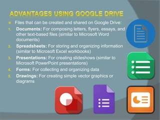  Files that can be created and shared on Google Drive:
1. Documents: For composing letters, flyers, essays, and
other text-based files (similar to Microsoft Word
documents)
2. Spreadsheets: For storing and organizing information
(similar to Microsoft Excel workbooks)
3. Presentations: For creating slideshows (similar to
Microsoft PowerPoint presentations)
4. Forms: For collecting and organizing data
5. Drawings: For creating simple vector graphics or
diagrams
 