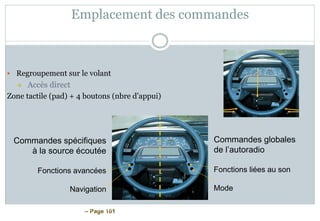 – Page 101
Emplacement des commandes
 Regroupement sur le volant
 Accès direct
Zone tactile (pad) + 4 boutons (nbre d’appui)
ESSI 3 Claire Fiastre – Jean Hodot – Pierre Leca – Pierre Reveillon Année 2004/2005
Commandes spécifiques
à la source écoutée
Fonctions avancées
Navigation
Commandes globales
de l’autoradio
Fonctions liées au son
Mode
 