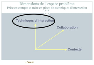 – Page 45
Dimensions de l ’espace problème
Prise en compte et mise en place de techniques d’interaction
Techniques d’interaction
Collaboration
Contexte
 