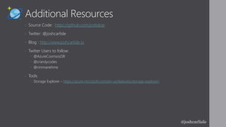 Additional Resources
• Source Code: https://github.com/joshdcar
• Twitter: @joshcarlisle
• Blog : http://www.joshcarlisle.io
• Twitter Users to follow:
 @AzureCosmsosDB
 @crandycodes
 @rimmanehme
• Tools
 Storage Explorer - https://azure.microsoft.com/en-us/features/storage-explorer/
@joshcarlisle
 