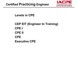 Levels in CPE
CEP EIT (Engineer In Training)
CPE I
CPE II
CPE
Executive CPE
Certified Practicing Engineer
 